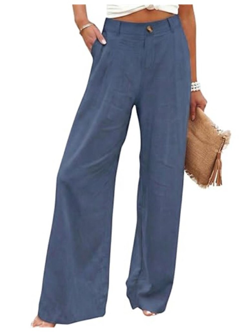 Womens Linen Blend Pants Elastic Waist Wide Leg Trousers Pockets Casual